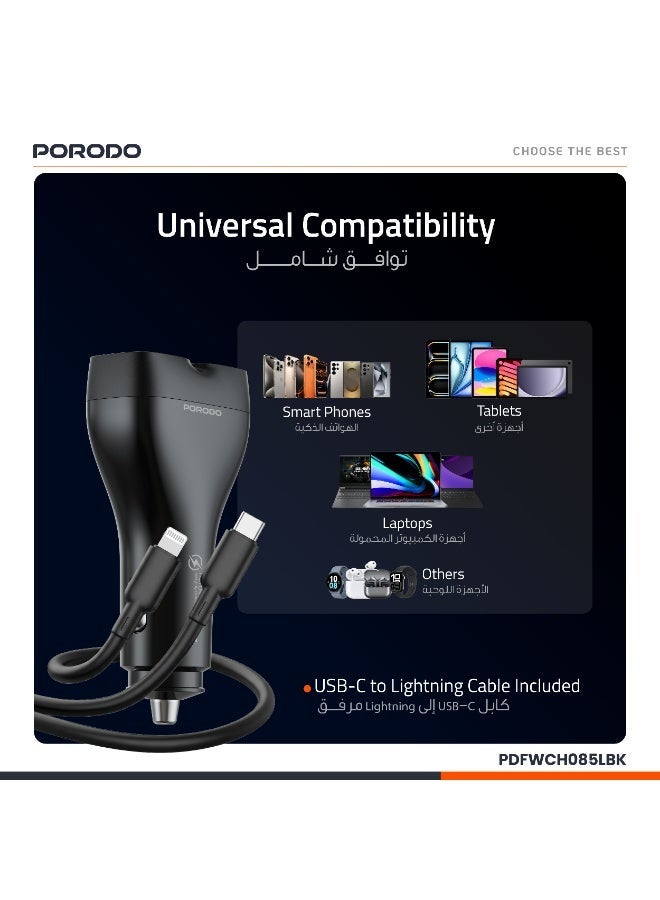 porodo DUALPOWER 102W Car Charger with USB-C to Lightning Cable/ PD 30W/ QC 18W/ x2 USB-C & x2 USB-A/ Fast Charging /102W High Power Output / Quick Charge/ Efficient Charging for Multiple Devices Car Charger - Black - Image 5